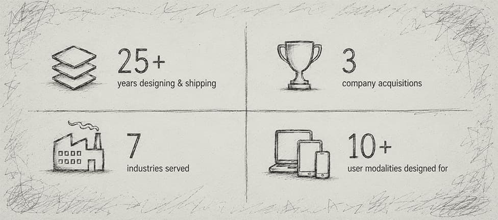 25+ years designing & shipping, 3 company acquisitions, 7 industries served, 10+ user modalities designed for